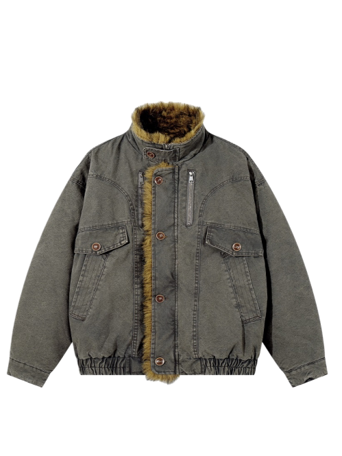 Washed Denim Bomber Jacket — Grey-green jacket, front view