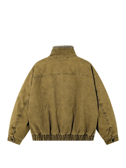 Washed Denim Bomber Jacket — Khaki jacket, back view