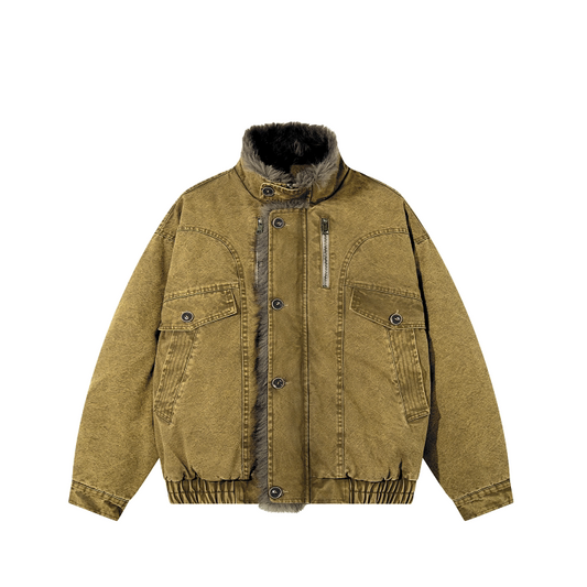 Washed Denim Bomber Jacket — Khaki jacket, front view