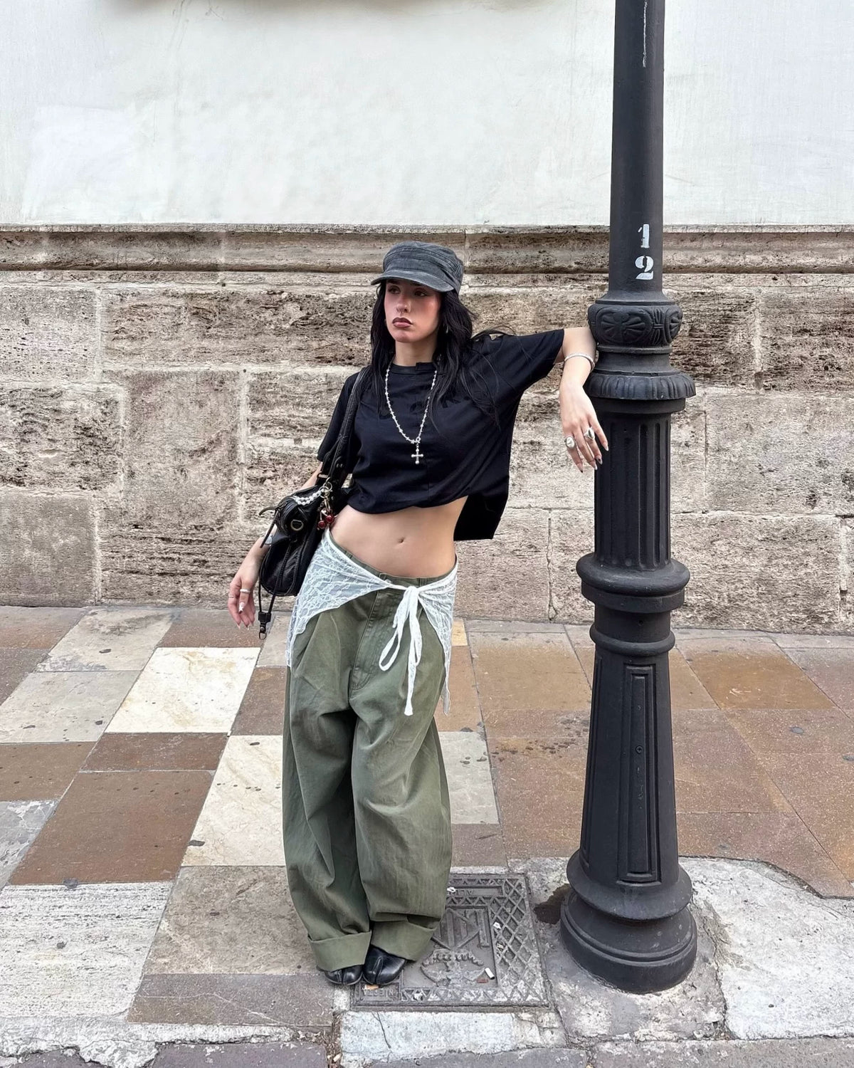 Washed Green Herringbone Wide Leg Pants