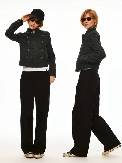 Washed Napoleon-Inspired Cropped Workwear Jacket