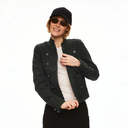 Washed Napoleon-Inspired Cropped Workwear Jacket