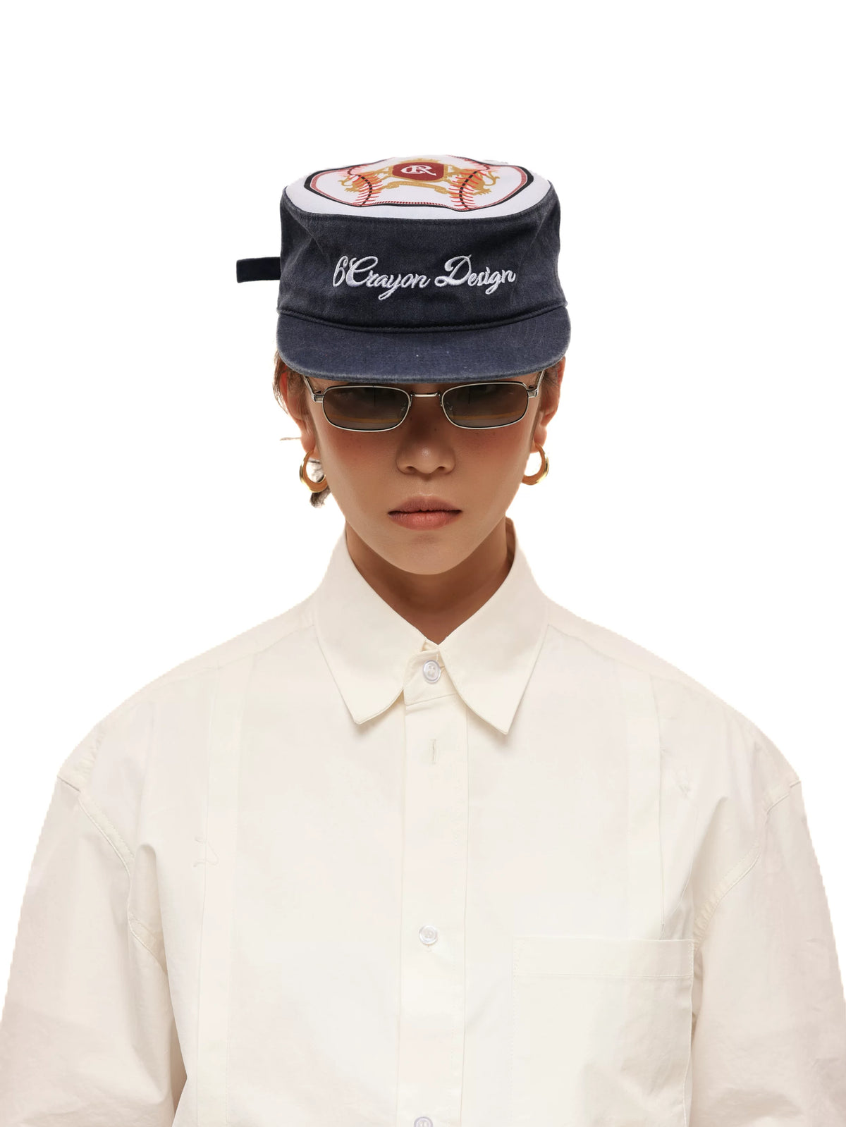 Washed Navy Embroidered Patchwork Flat Brim Baseball Cap