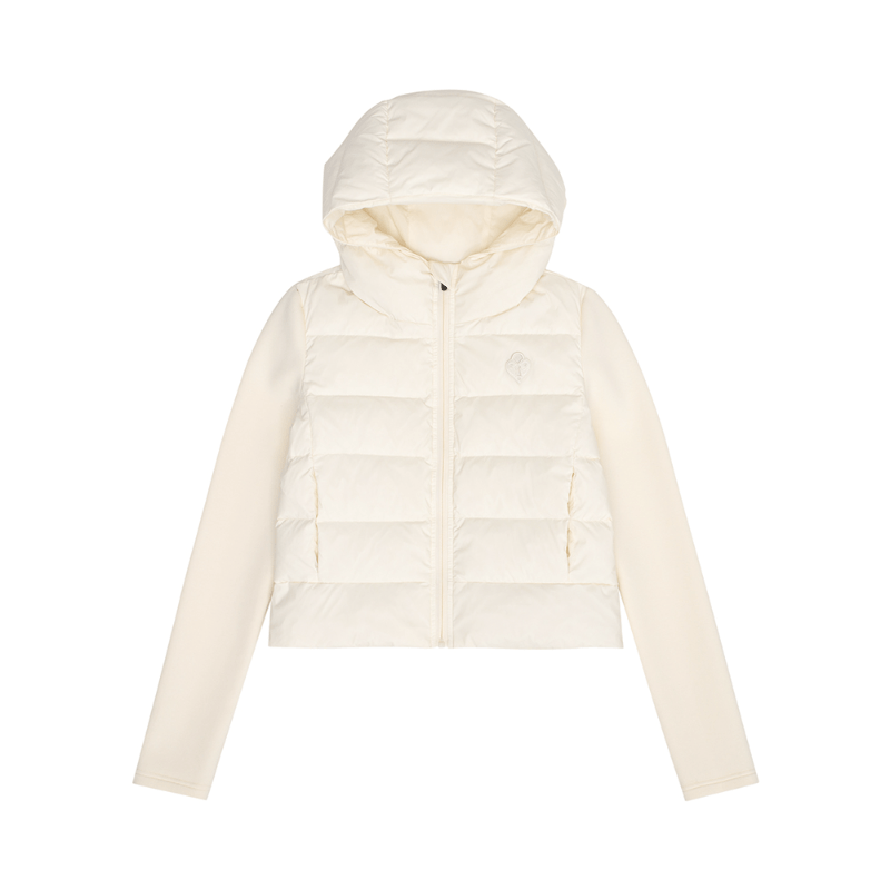 women's white down jacket - knit paneled ultra light hooded puffer winter coat