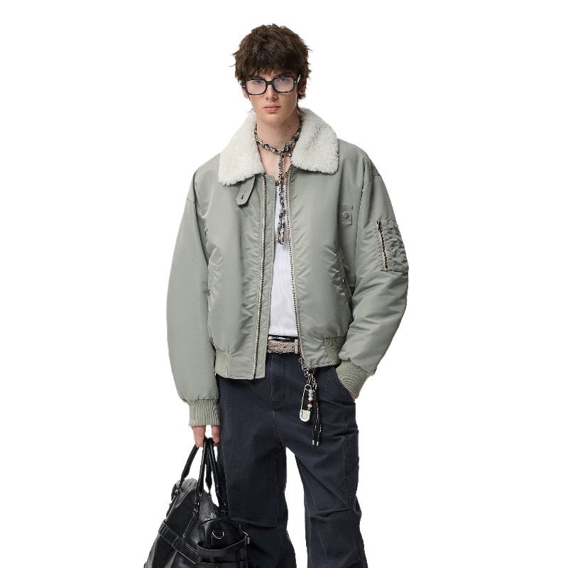 Men's women's Light grayish green bomber jacket - winter short boxy shearling collar aviator coat casual style