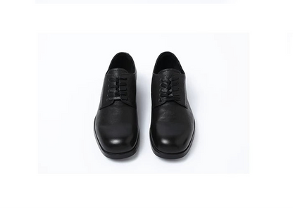 Wizard black leather square-toe Derby shoes, pair viewed from above