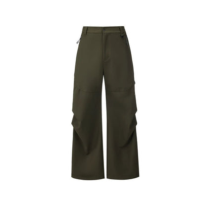 Women's Army-green hiking softshell trousers - wide leg relaxed fit high waist with zippered pockets outdoor