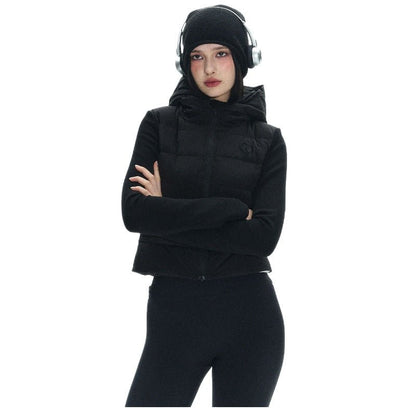  women's black down jacket - knit paneled ultra light hooded puffer winter coat