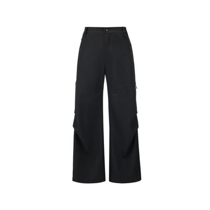 Women's black hiking softshell trousers - wide leg relaxed fit high waist with zippered pockets outdoor