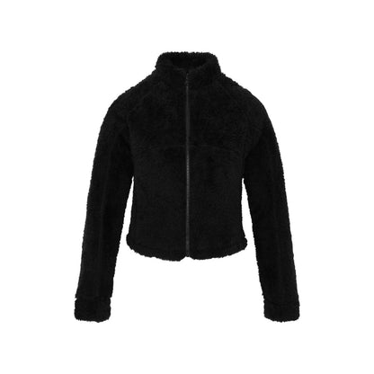 Women's black short faux shearling jacket - black fuzzy coat stand collar cropped winter coat trendy