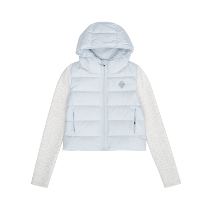  women's blue down jacket - knit paneled ultra light hooded puffer winter coat