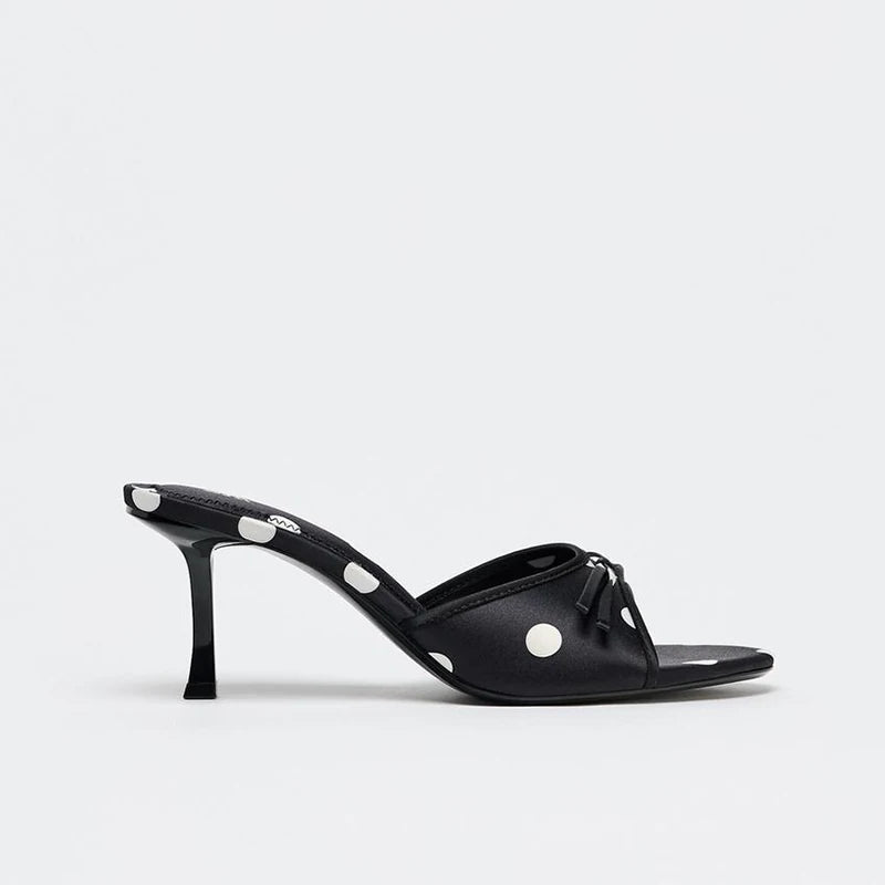 Women's Bow Open Toe High-Heel Mule Sandals — black polka-dot mule, side view