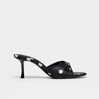 Women's Bow Open Toe High-Heel Mule Sandals — black polka-dot mule, side view