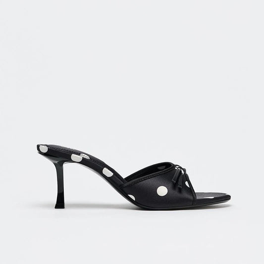 Women's Bow Open Toe High-Heel Mule Sandals — black polka-dot mule, side view