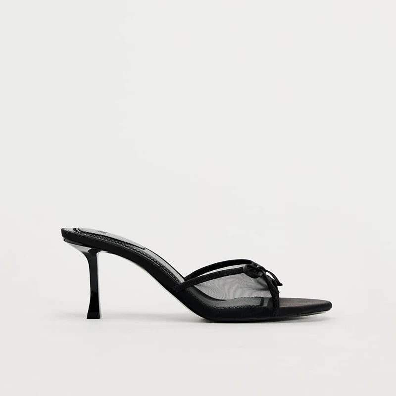 Women's Bow Open Toe High-Heel Mule Sandals — black mesh bow mule, side view