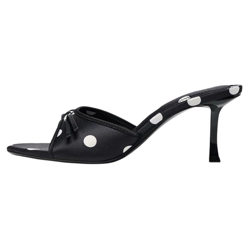 Women's Bow Open Toe High-Heel Mule Sandals — black polka-dot mule, opposite side view