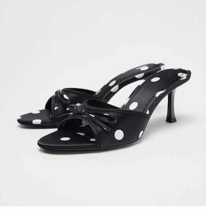 Women's Bow Open Toe High-Heel Mule Sandals — black polka-dot pair, front angle