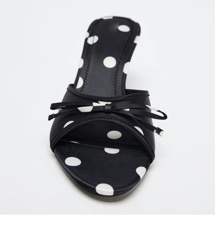 Women's Bow Open Toe High-Heel Mule Sandals — black polka-dot mule, front view
