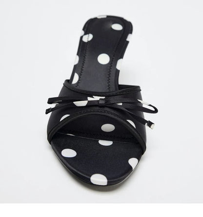 Women's Bow Open Toe High-Heel Mule Sandals — black polka-dot mule, front view