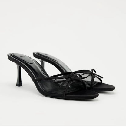 Women's Bow Open Toe High-Heel Mule Sandals — black mesh bow pair, front angle