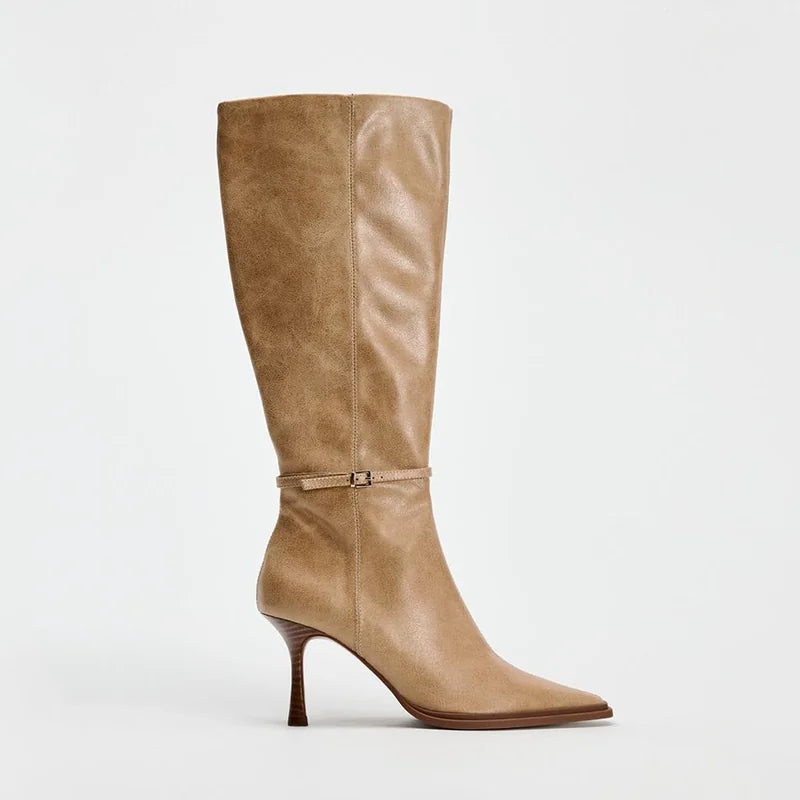 Women's Brown Square Toe Stiletto Knee-High Boots — tan boot, side view
