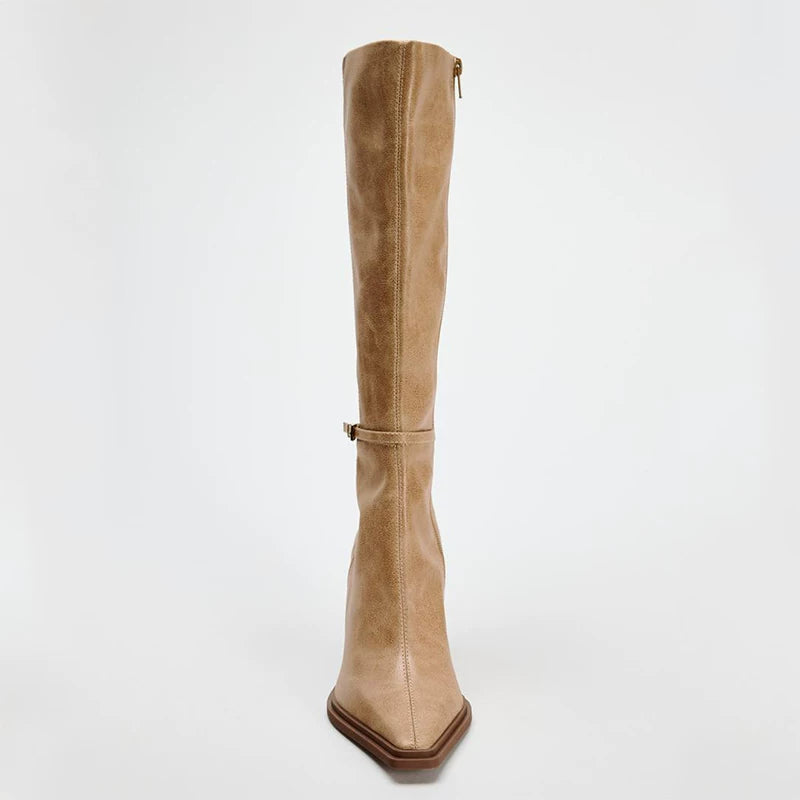 Women's Brown Square Toe Stiletto Knee-High Boots — tan boot, front view