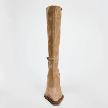 Women's Brown Square Toe Stiletto Knee-High Boots — tan boot, front view