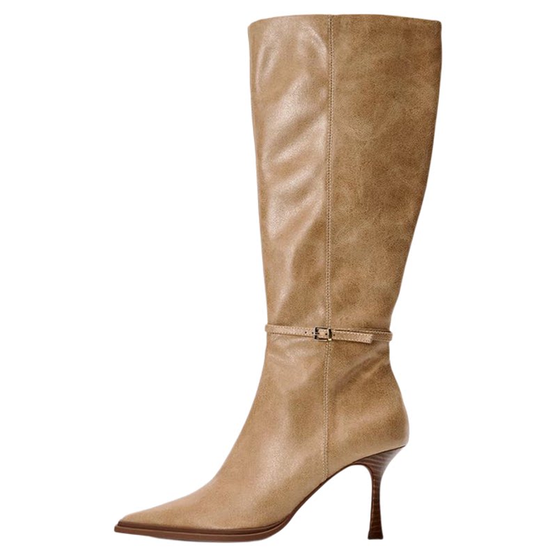 Women's Brown Square Toe Stiletto Knee-High Boots — tan boot, side angle