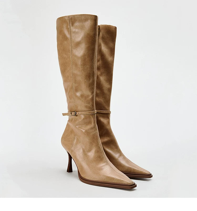 Women's Brown Square Toe Stiletto Knee-High Boots — tan pair, front angle