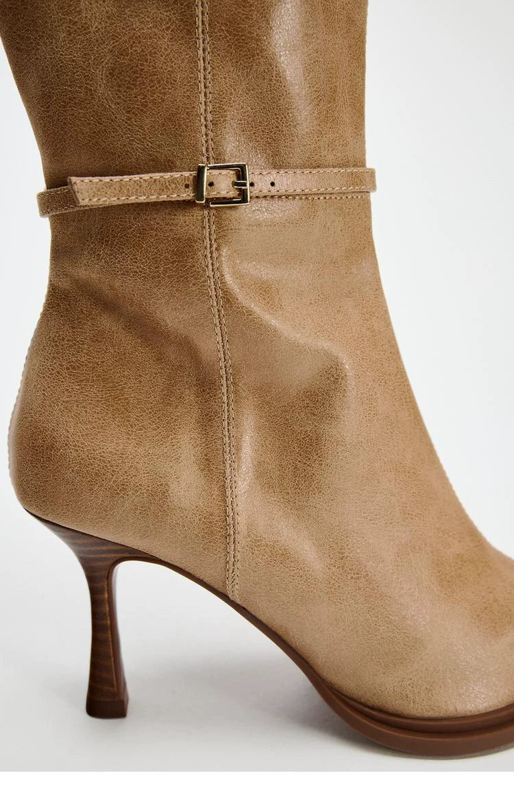 Women's Brown Square Toe Stiletto Knee-High Boots — tan boot buckle and heel, close-up