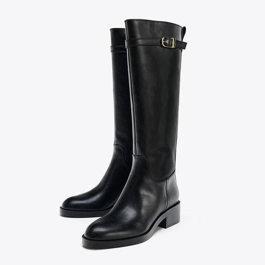 Women's Buckle Block Heel Riding Knee-High Boots — black buckle pair, front angle