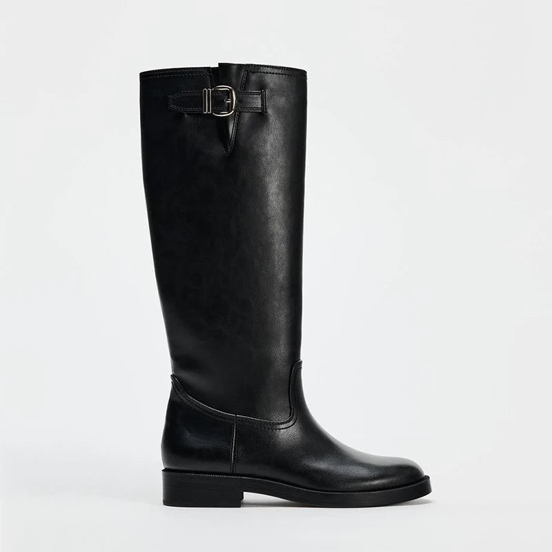 Women's Buckle Round Toe Block Heel Knee-High Boots — black buckle boot, side view