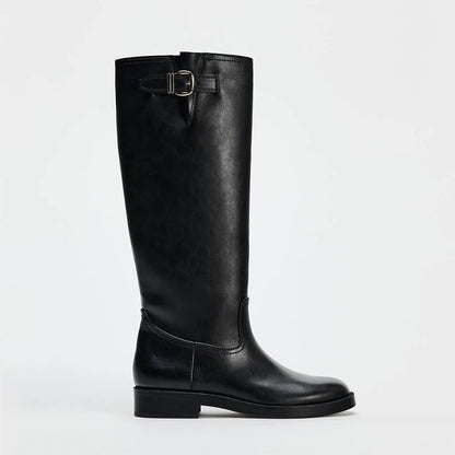 Women's Buckle Round Toe Block Heel Knee-High Boots — black buckle boot, side view