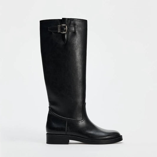 Women's Buckle Round Toe Block Heel Knee-High Boots — black buckle boot, side view
