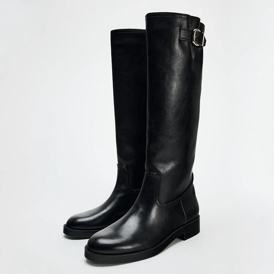 Women's Buckle Round Toe Block Heel Knee-High Boots — black buckle pair, front angle