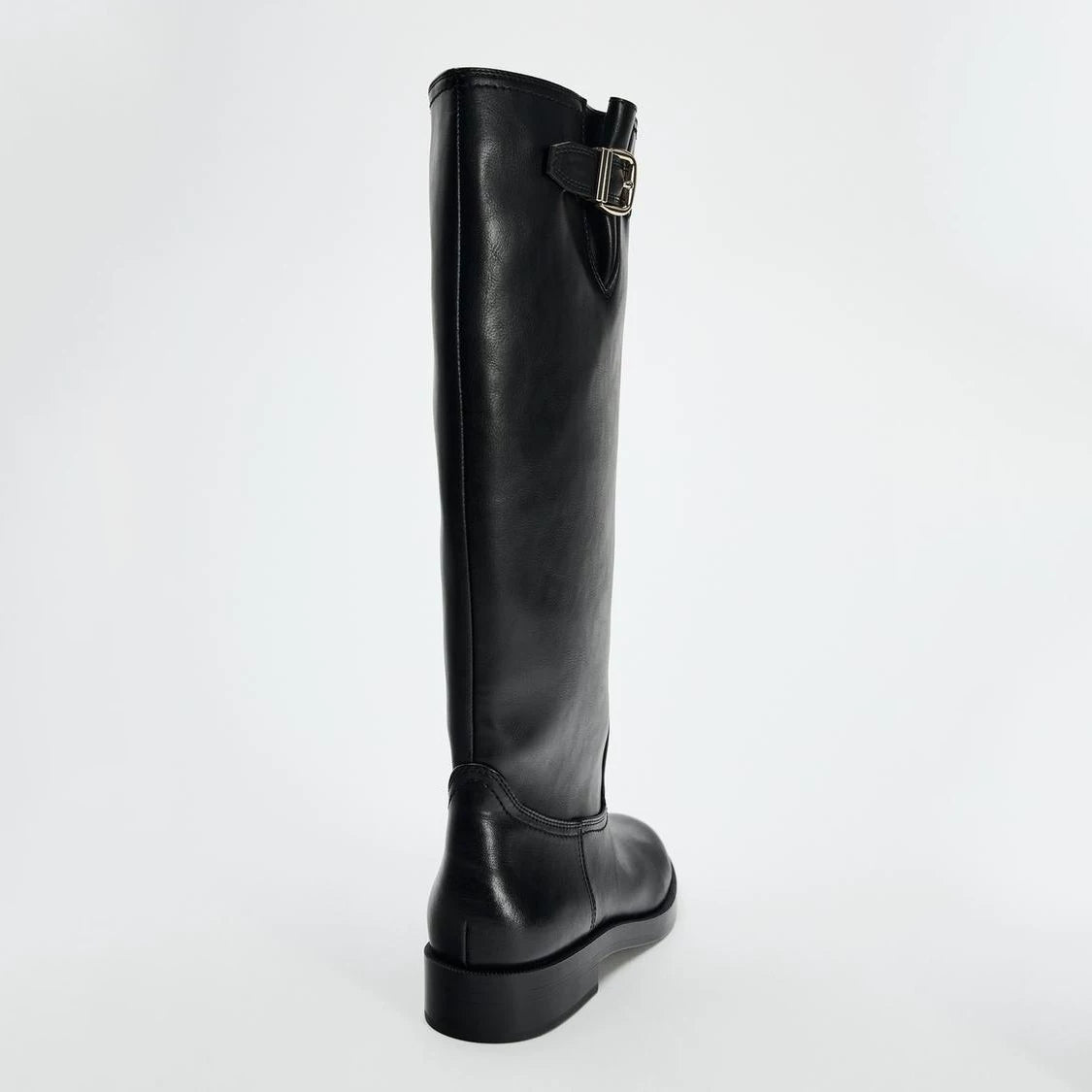Women's Buckle Round Toe Block Heel Knee-High Boots — black buckle boot, rear view