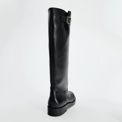 Women's Buckle Round Toe Block Heel Knee-High Boots — black buckle boot, rear view