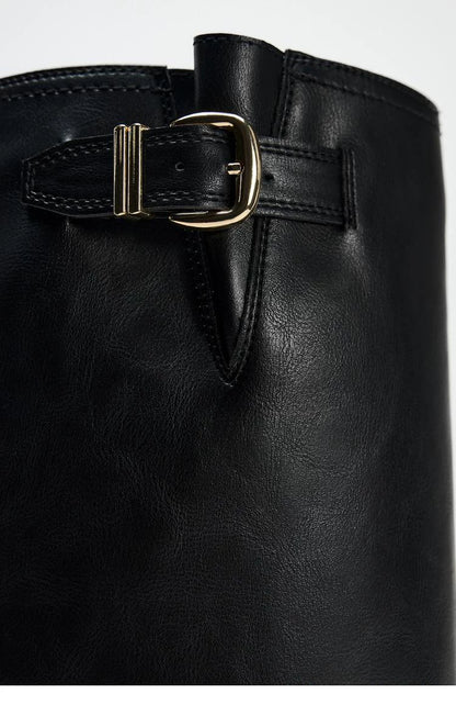 Women's Buckle Round Toe Block Heel Knee-High Boots — black shaft buckle, close-up