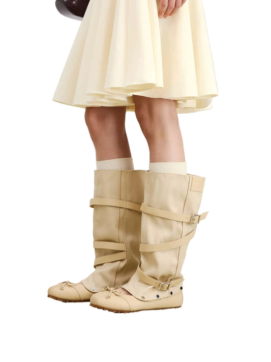 Women's Convertible Leather Ballet Tall Boots — beige convertible boots worn with skirt