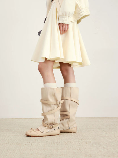 Women's Convertible Leather Ballet Tall Boots — beige convertible boots worn with socks
