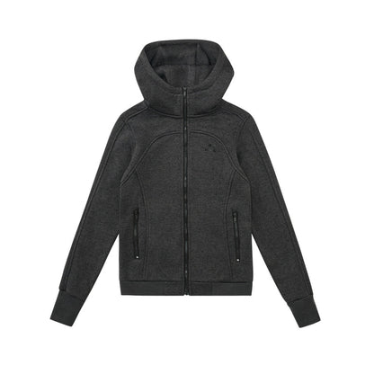 Women's cropped hooded zip up fleece jacket - dark gray heavyweight knit high collar wide cuffs oversized cozy