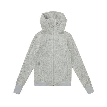 Women's cropped hooded zip up fleece jacket - grayish-white heavyweight knit high collar wide cuffs oversized cozy