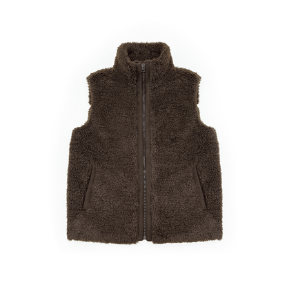  women's curly sherpa vest - Acorn Brown high neck sleeveless gilet plush fleece lining layering piece