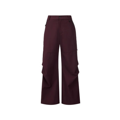 Women's dark red hiking softshell trousers - wide leg relaxed fit high waist with zippered pockets outdoor