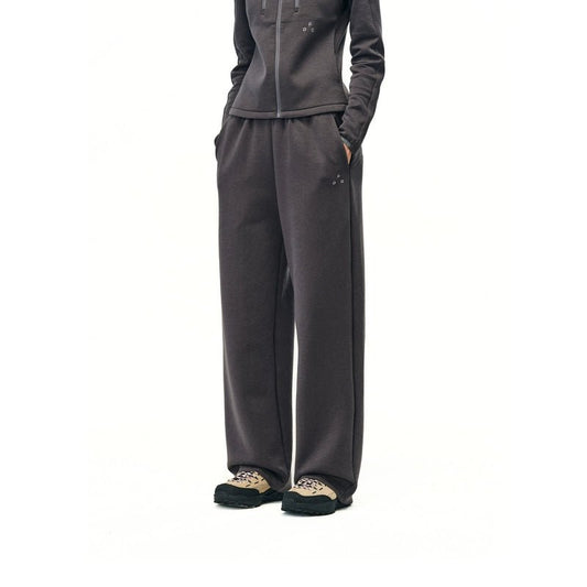Women's double layer air knit pants - wide leg relaxed fit with dark gray zip jacket light cap athleisure