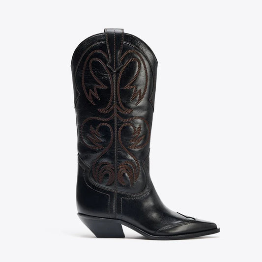 Women's Embroidered Pointed Toe Western Knee-High Boots — black embroidered boot, side view