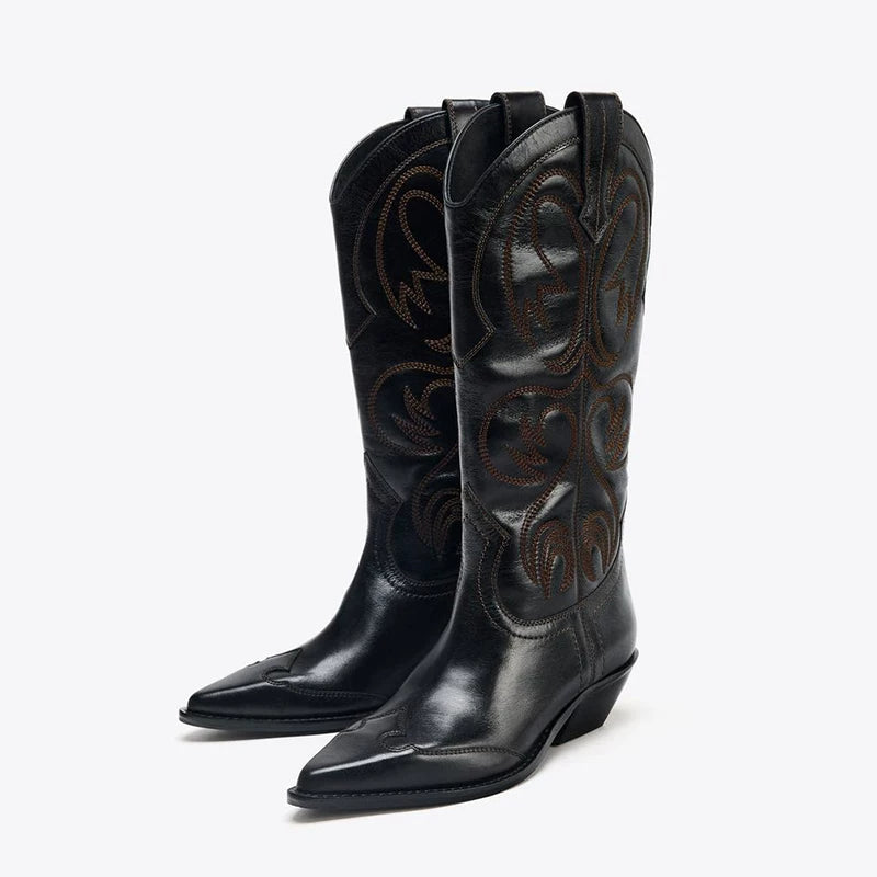 Women's Embroidered Pointed Toe Western Knee-High Boots — black embroidered pair, front angle