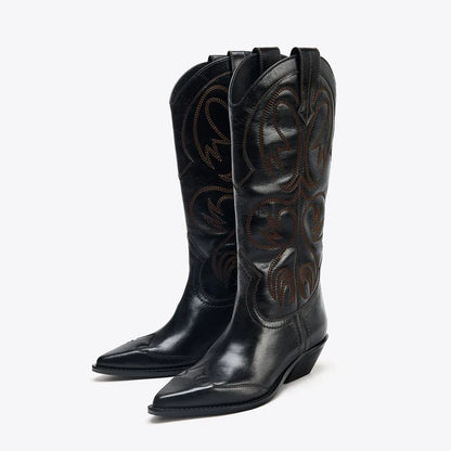 Women's Embroidered Pointed Toe Western Knee-High Boots — black embroidered pair, front angle