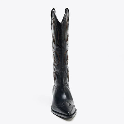 Women's Embroidered Pointed Toe Western Knee-High Boots — black embroidered boot, front view