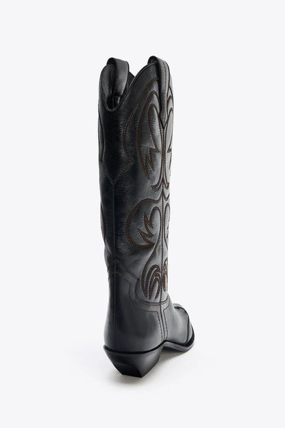 Women's Embroidered Pointed Toe Western Knee-High Boots — black embroidered boot, rear view